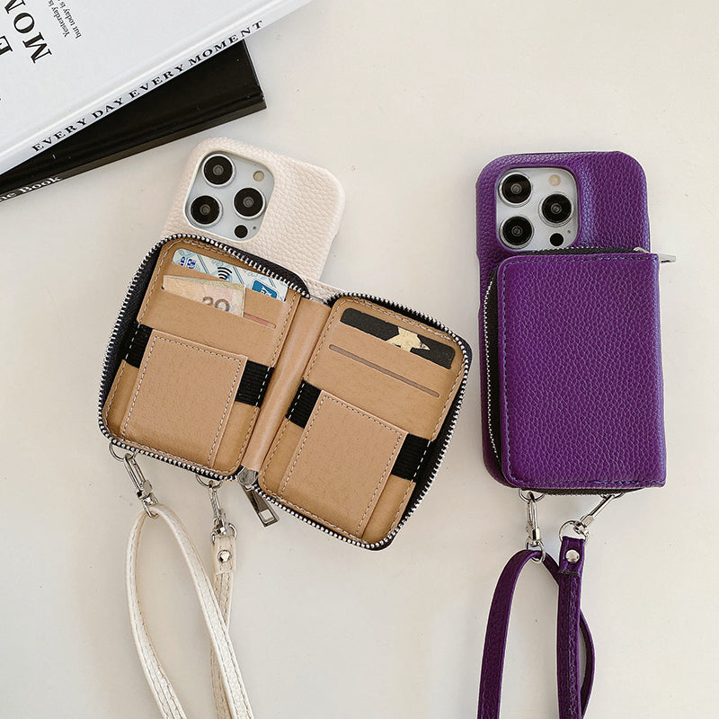 Luxury Zipper Wallet Crossbody iPhone Case – Leather Cover with , Shoulder Lanyard, and Full Protection for iPhone Models