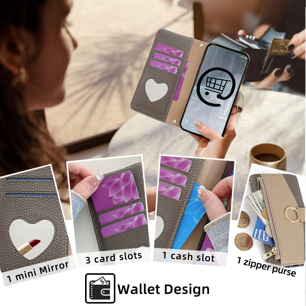 Premium Leather Crossbody Wallet Case for iPhone - Flip Mirror Design, Long Lanyard, Shockproof Protection for iPhone Models
