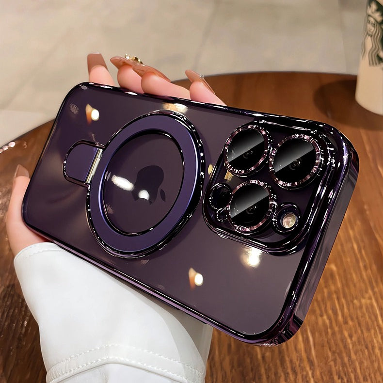 Luxury Plating MagSafe iPhone Case Transparent Acrylic Magnetic Cover with Stand Holder Shockproof PC Bumper Case for iPhone