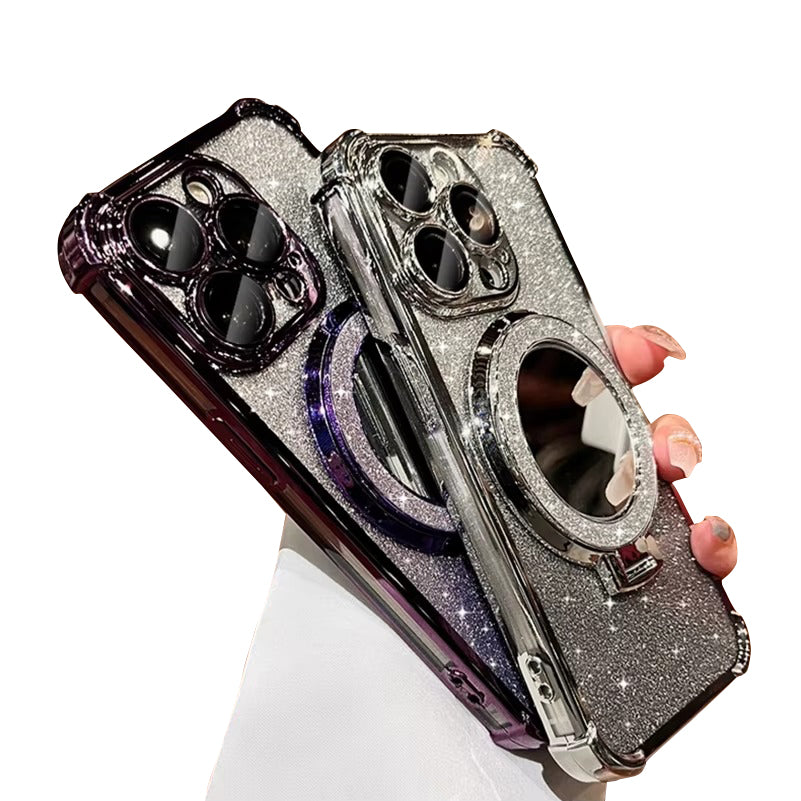 Luxury Apple iPhone Case, MagSafe Compatible, Camera Lens & Screen Protection, Ultra Thin, Shockproof, Magnetic Full All Around Cover – Sparkling Gradient Glitter Airbag Case with Mirror Back & Diamond Stand Holder