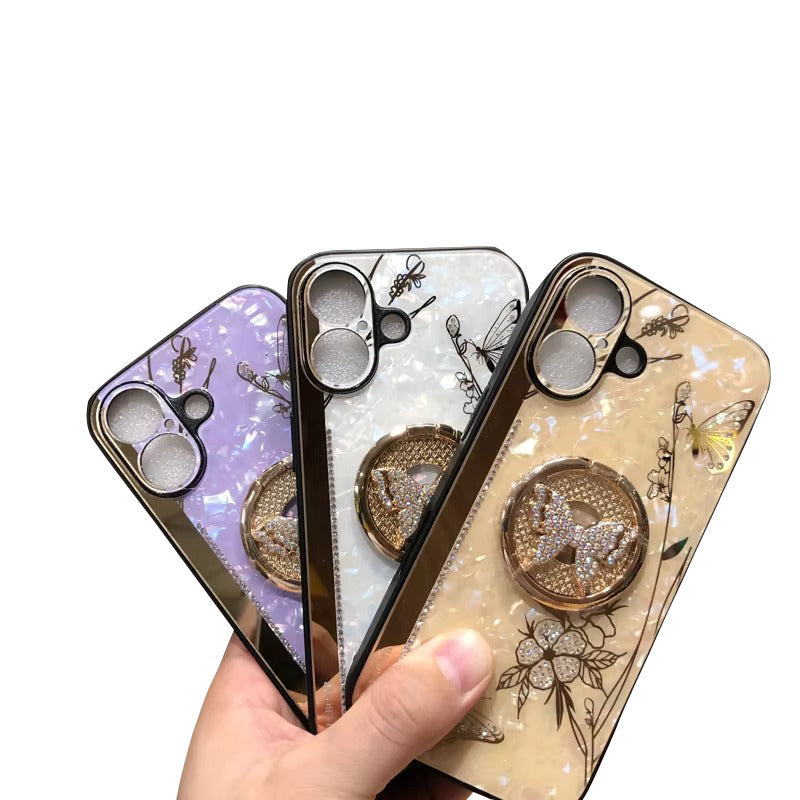 Luxury Apple iPhone Case, MagSafe Compatible, Camera Lens & Screen Protection, Ultra Thin, Shockproof, Magnetic Full All Around Cover – Shell Pattern Butterfly Case with Ring Holder & Hard Silicone TPU Back Design