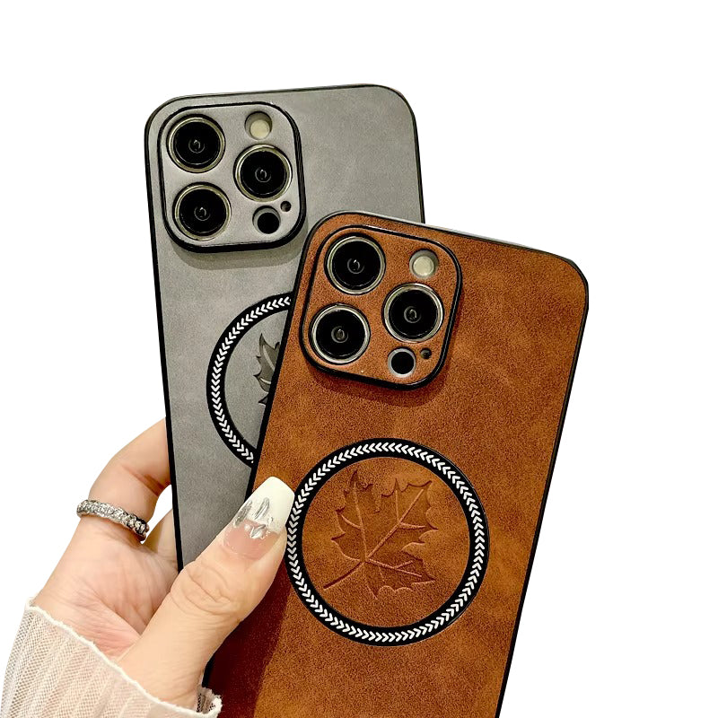 Premium Retro Leather Maple Leaf iPhone Case – MagSafe Charging, Stylish & Durable Full Protection Cover | Case for iPhone
