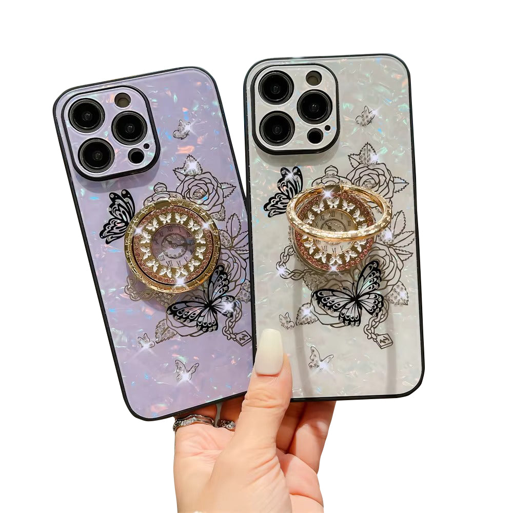 Luxury Apple iPhone Case, MagSafe Compatible, Camera Lens & Screen Protection, Ultra Thin, Shockproof, Magnetic Full All Around Cover – Butterfly Flower Pattern Silicone Case with Diamond Ring Holder & Hard Back Protection