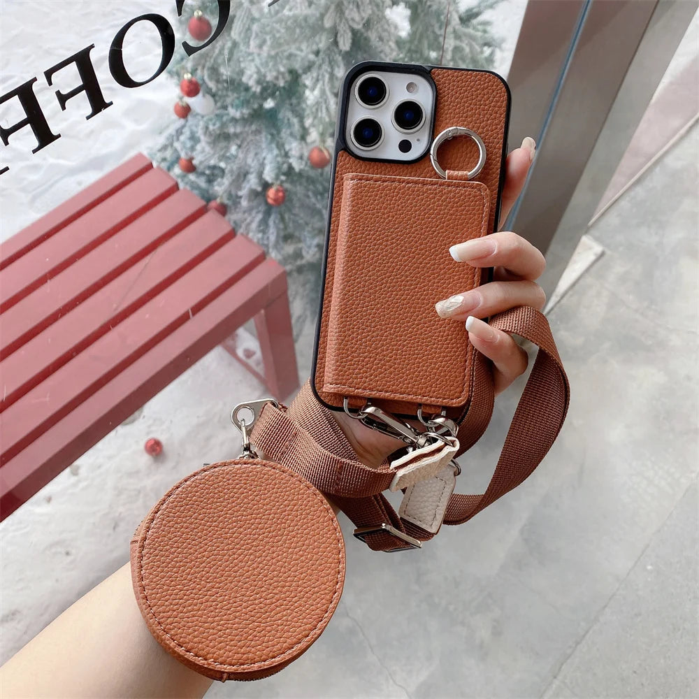 Luxury Crossbody Wallet iPhone Case – Card Pocket Holder, Lanyard Leather Cover, Stylish & Functional Design Case for iPhone