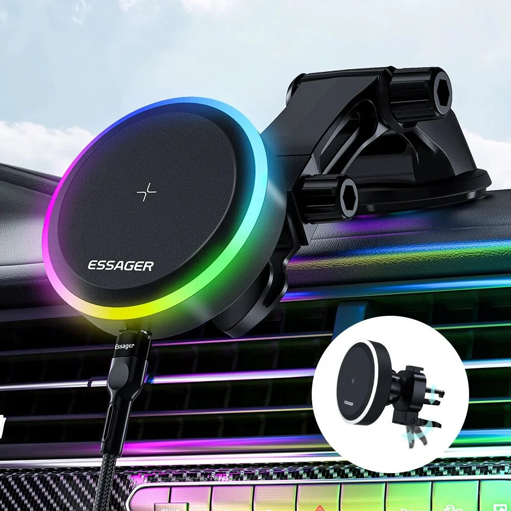 Premium, RGB, Magnetic Car Phone Holder, with 15W Qi Wireless Charging, Dashboard or Vent Mount, Fast Charger Stand for iPhone