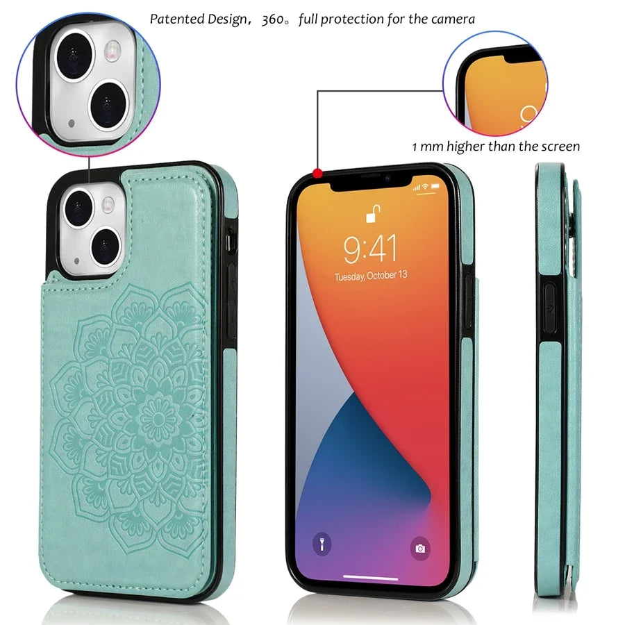 Luxury Wallet Datura Double Buckle iPhone Case – Magnetic Flip, Card Slot, Protective & Stylish Leather Cover Case for iPhone