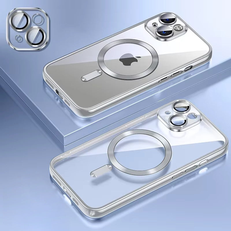 Luxury Apple iPhone Case, MagSafe Compatible, Camera Lens & Screen Protection, Ultra Thin, Shockproof, Magnetic Full All Around Cover – Plating Transparent Silicone TPU Case with Magnetic Back & Lens Film Protection