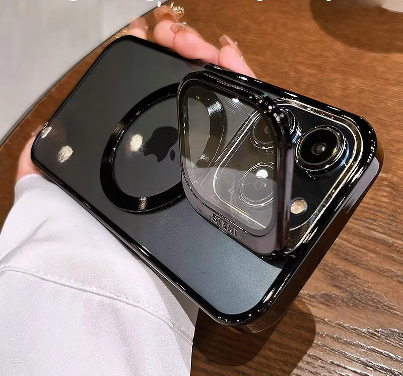 Luxury Apple iPhone Case Ultra Thin Shockproof Magnetic Full All Around Protection Cover with Transparent Plating Bracket