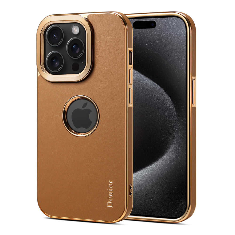 Luxury Business Cowhide Leather iPhone Case – Plating Shockproof Cover for iPhone Models, Sleek and Durable Design