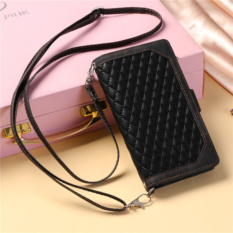 Luxury Flip Leather Wallet iPhone Case – Long Lanyard, Zipper Closure, Card Holder, and Premium Design for iPhone