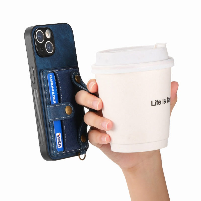 Luxury PU Leather Wallet iPhone Case with Wrist Strap – Stand Function, Card Holder, Protection for Secure and Convenience