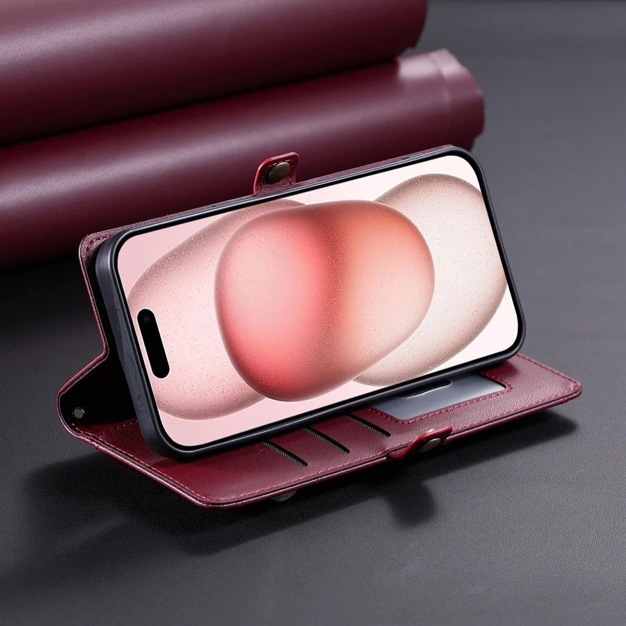 Luxury Dual-Layer Wallet iPhone Case – Flip Leather Cover with Card Slots, Photo Frame, 2 Lanyards, Shockproof Protection, and Stand Feature for iPhone