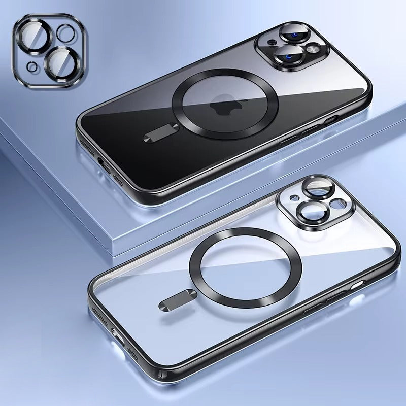 Luxury Apple iPhone Case, MagSafe Compatible, Camera Lens & Screen Protection, Ultra Thin, Shockproof, Magnetic Full All Around Cover – Plating Transparent Silicone TPU Case with Magnetic Back & Lens Film Protection