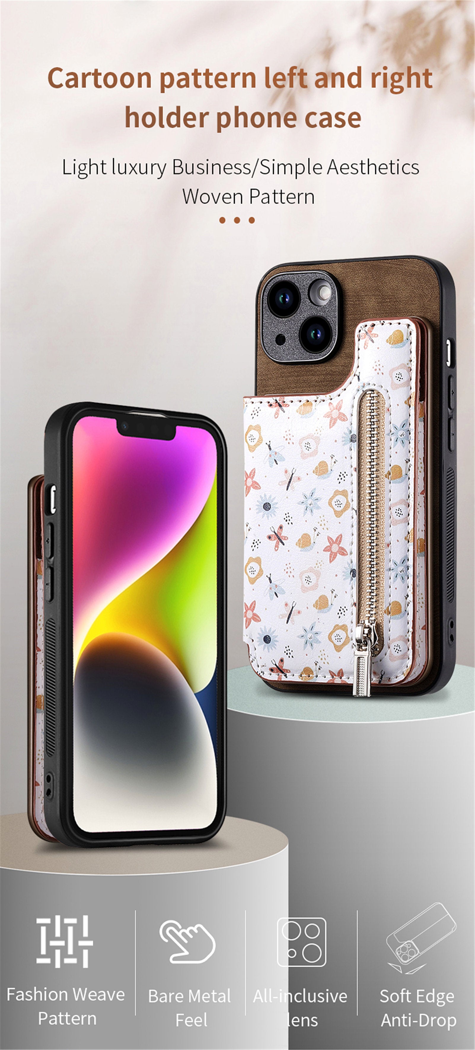 Zipper Card Slot Wallet iPhone Case – Magnetic Closure, Purse Pocket, Floral Design, Shockproof Protective Cover for iPhone