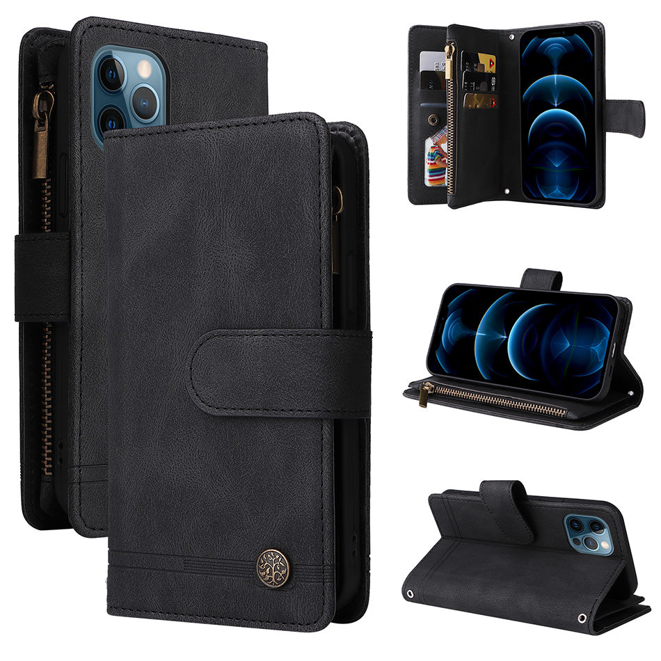 Premium Retro Flip Leather iPhone Case – Zipper Wallet, Multi-Card Slots, Necklace Lanyard, Magnetic Closure, Shockproof Protection for iPhone