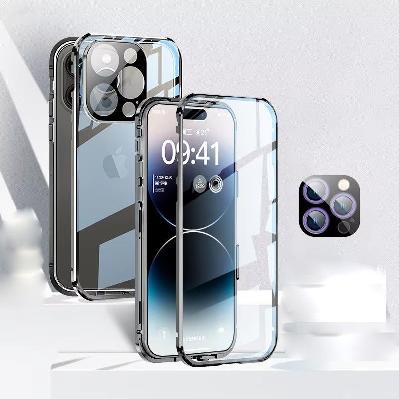 High Quality Apple iPhone Case MagSafe Compatible, Camera Lens & Screen Protection Cover with Double Glass Metal Buckle