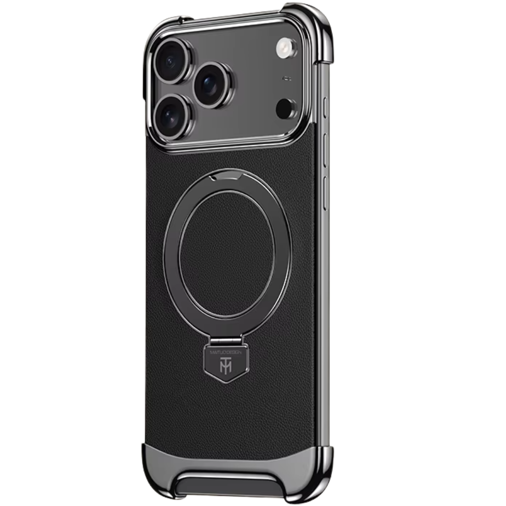 Luxury Leather Frameless iPhone Case – Ultra Thin Magnetic Cover with Metal Bracket Stand, Shockproof Bumper Protection and Camera Lens Guard