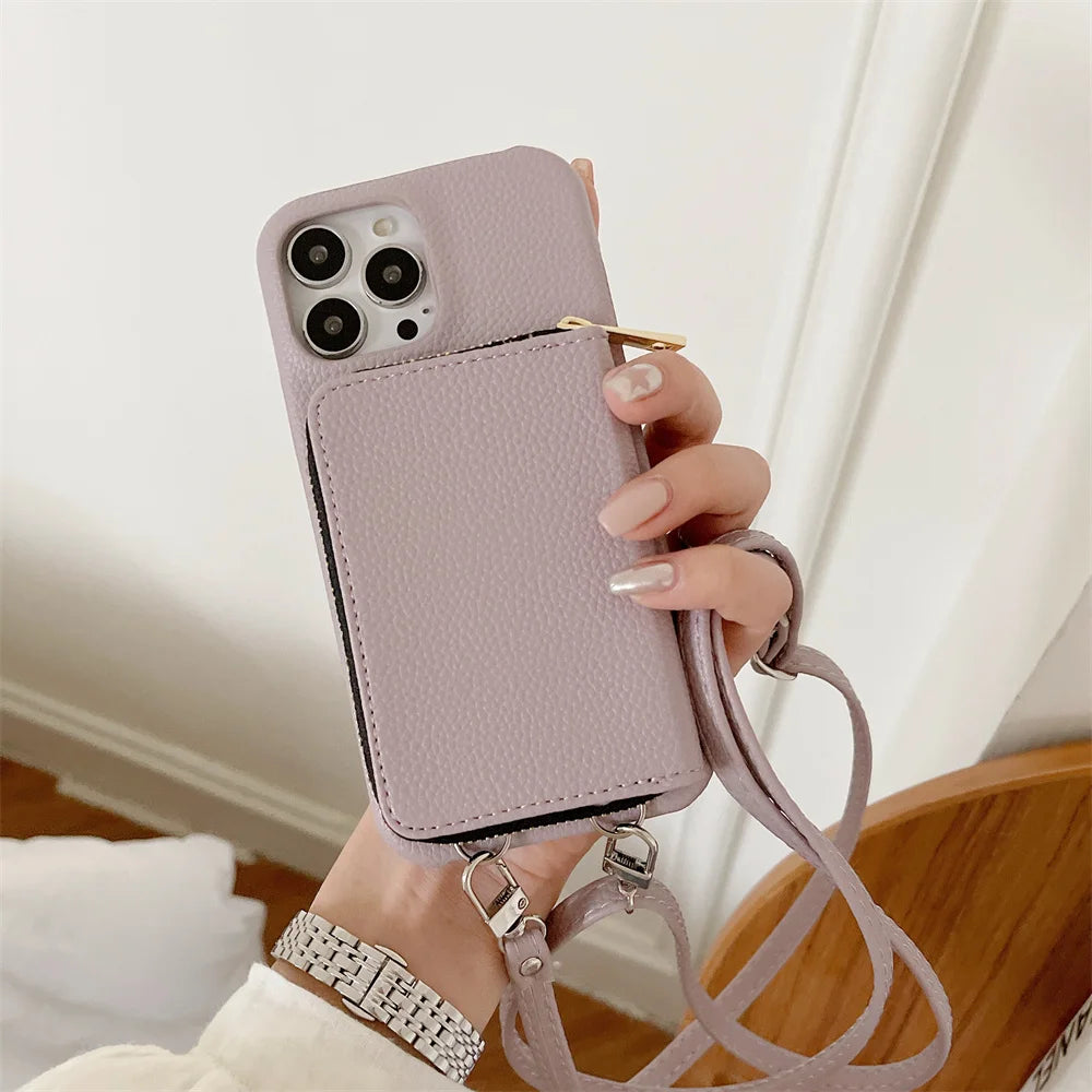 Luxury Zipper Wallet Crossbody iPhone Case – Leather Cover with , Shoulder Lanyard, and Full Protection for iPhone Models
