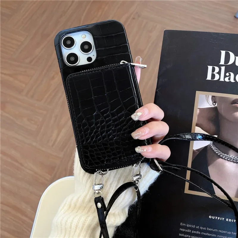 Luxury Crossbody Crocodile Skin iPhone Case – Zipper Wallet, Card Holder, Shockproof Protection, and Elegant Design for Secure & Stylish Convenience