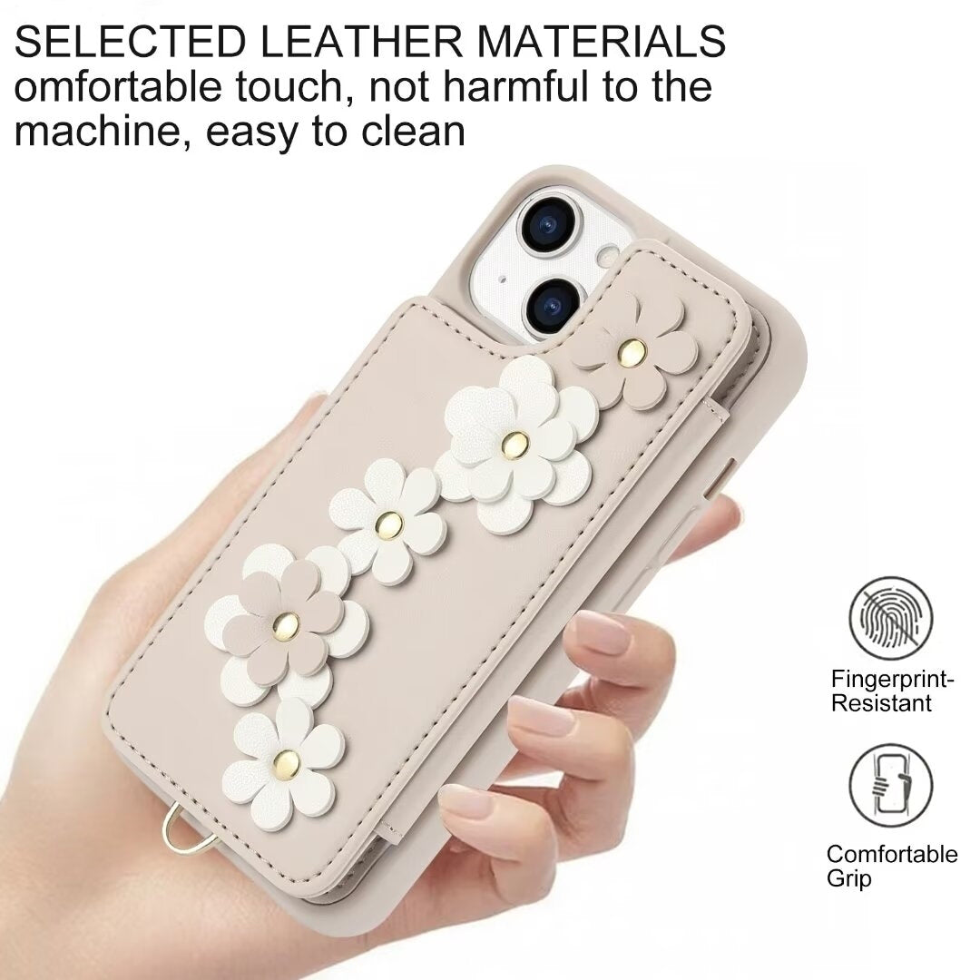 Luxury Crossbody Wallet Leather iPhone Case – 3D Flower Design, Card Slot, Wrist Strap, Magnetic Closure, Protective Cover