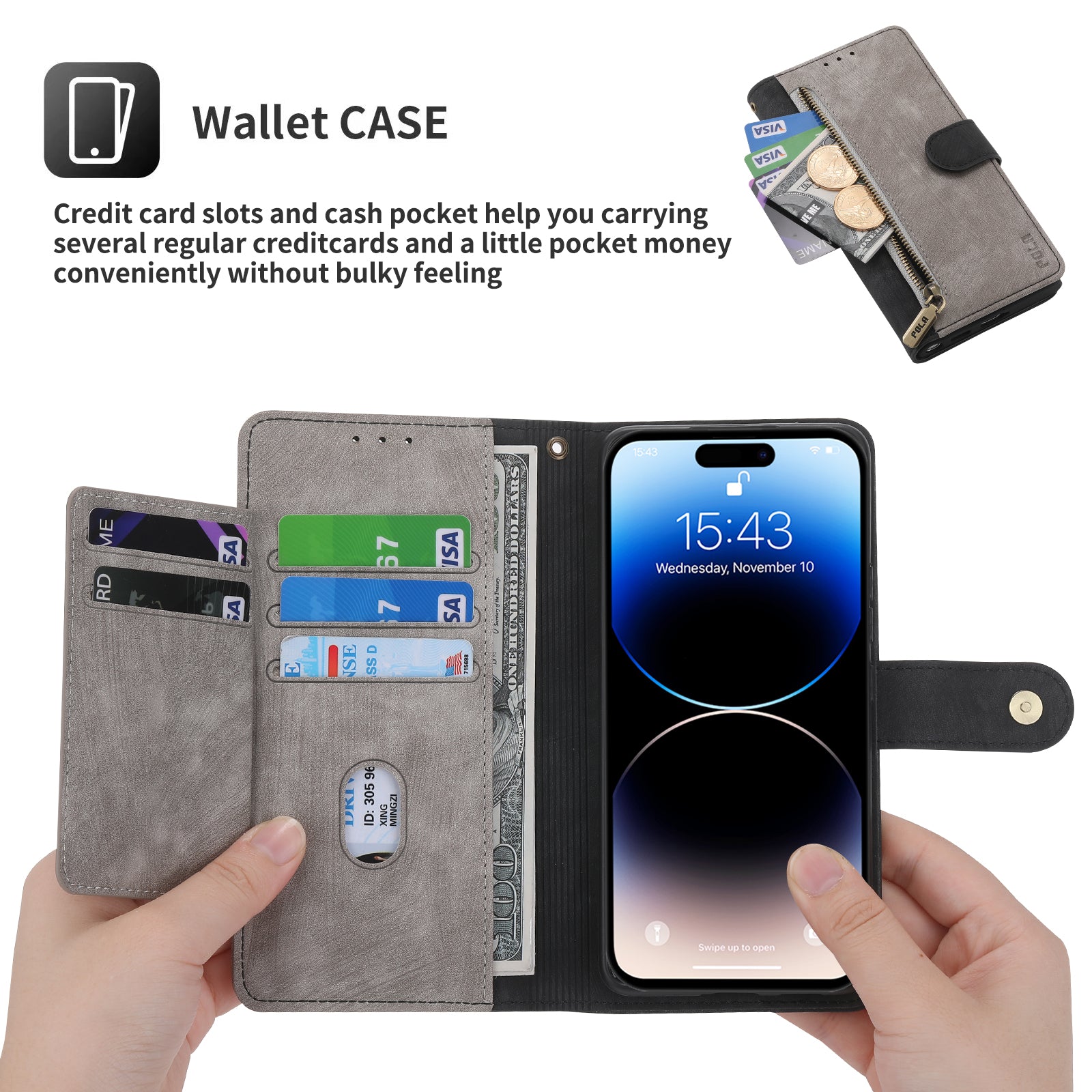 RFID Blocking Leather Wallet iPhone Case – Zipper Flip Cover, Card Slot Holder, Magnetic Stand, Shockproof Protection, Premium Design for iPhone
