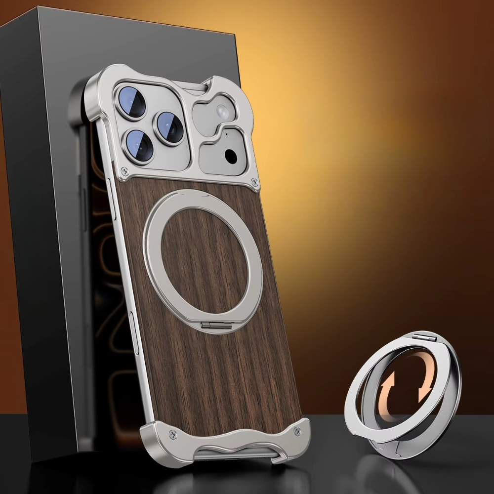 Luxury Wood & Aluminum iPhone Case – MagSafe Compatible Magnetic Cover with 360° Rotating Ring Stand, Shockproof Frame and Camera Lens Protection