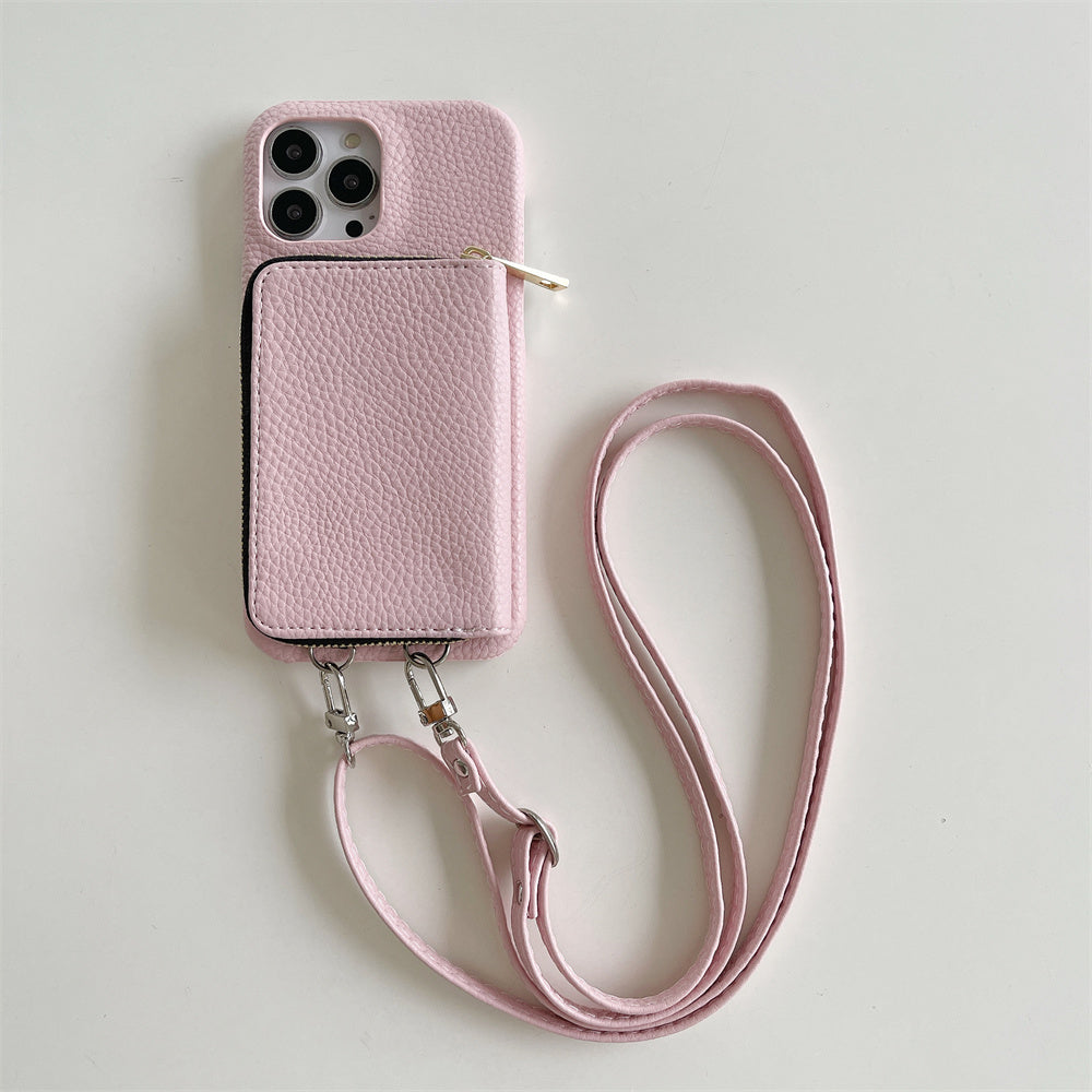 Luxury Zipper Wallet Crossbody iPhone Case – Leather Cover with , Shoulder Lanyard, and Full Protection for iPhone Models