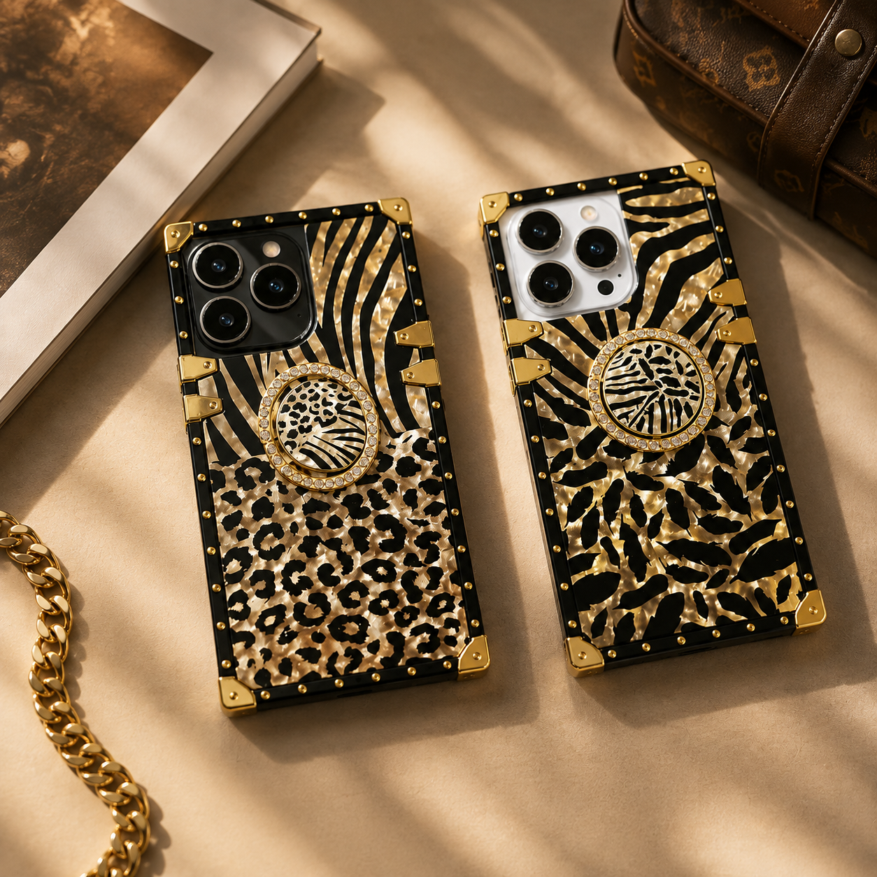 Luxury iPhone Case Leopard Gold Plating Glitter Diamond Ring Stand Protective Cover Shockproof Stylish Design Durable Phone Case