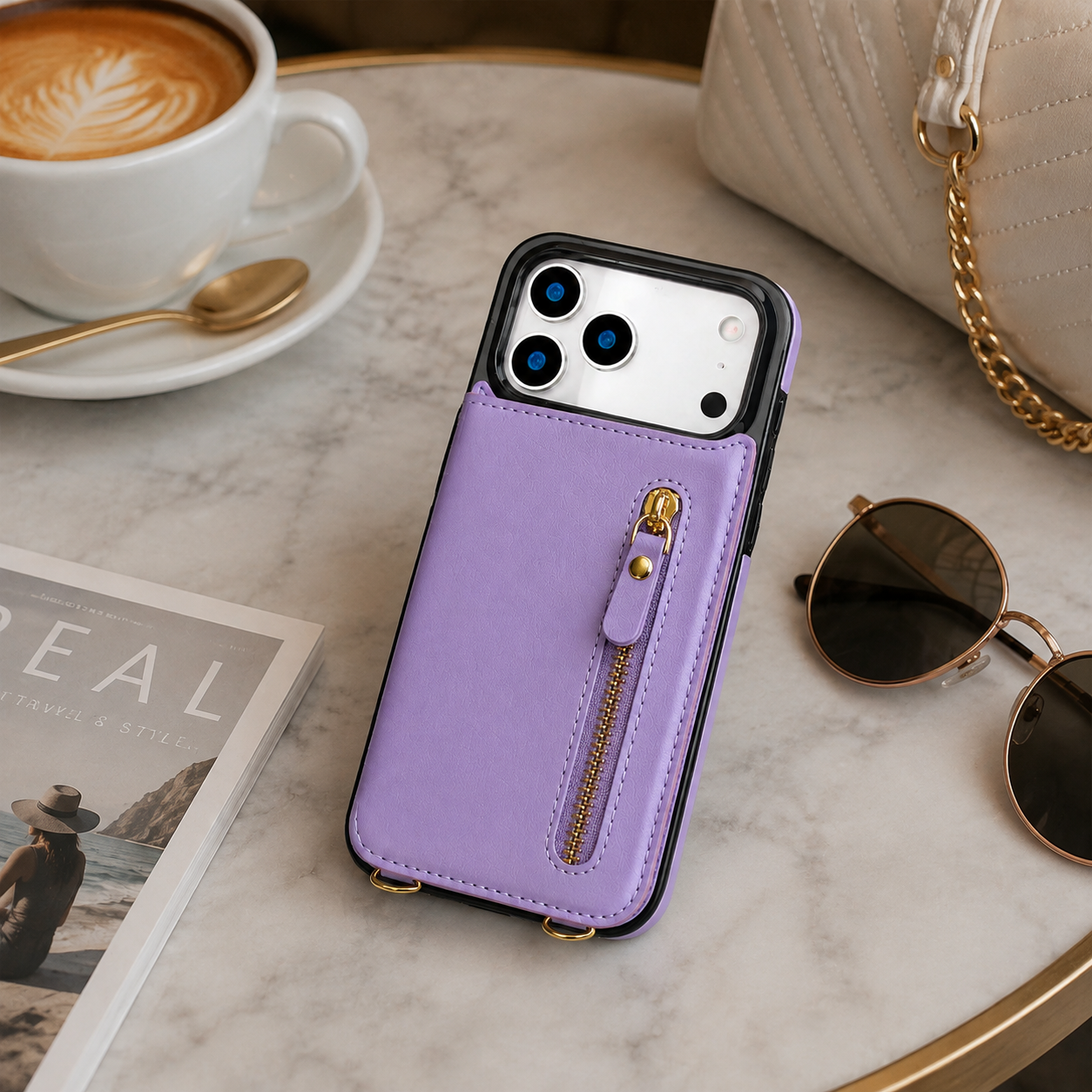 Premium iPhone Case Crossbody Leather Wallet Cover RFID Card Holder Zipper Pocket Lanyard Strap Shockproof Anti Fingerprint Full Coverage