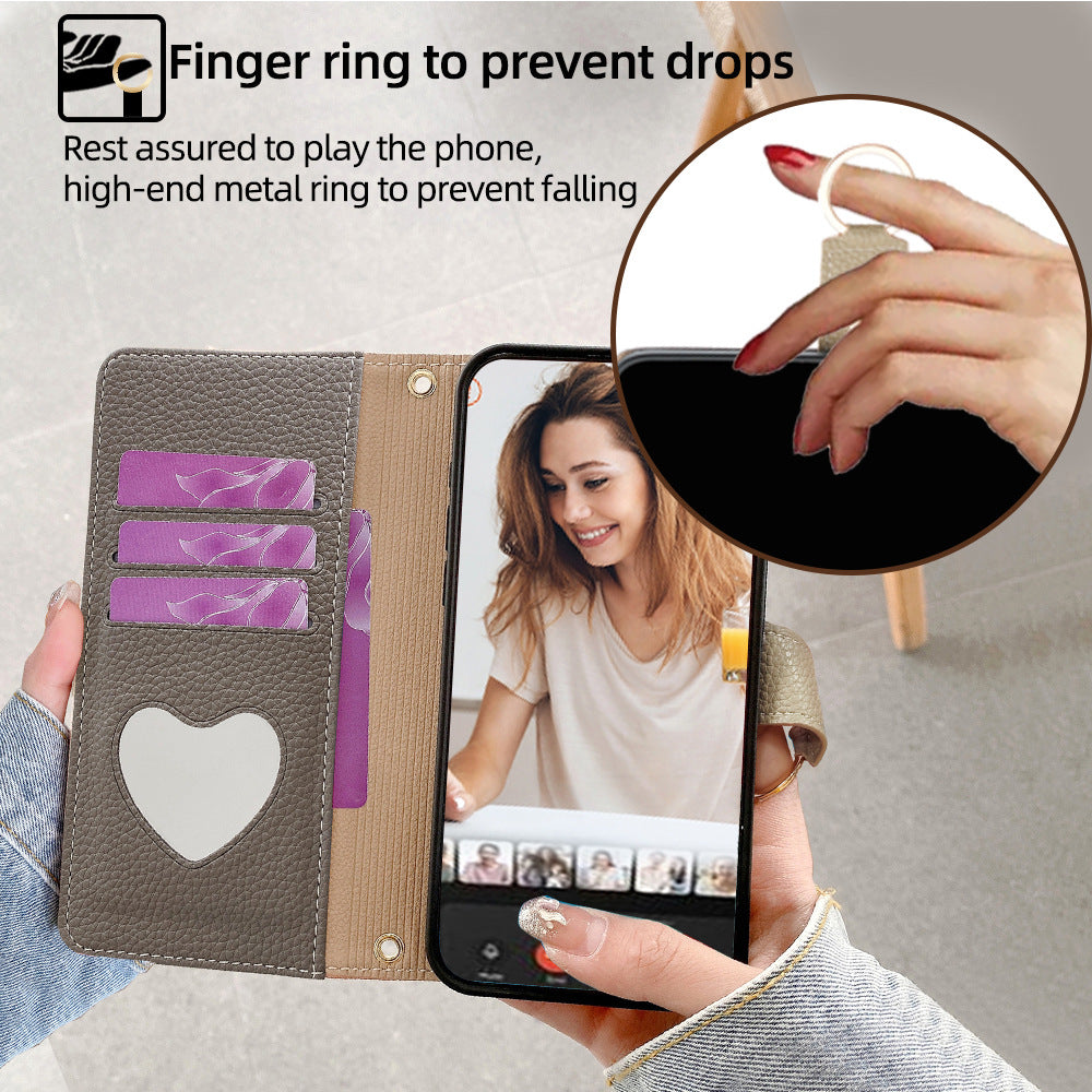 Premium Leather Crossbody Wallet Case for iPhone - Flip Mirror Design, Long Lanyard, Shockproof Protection for iPhone Models