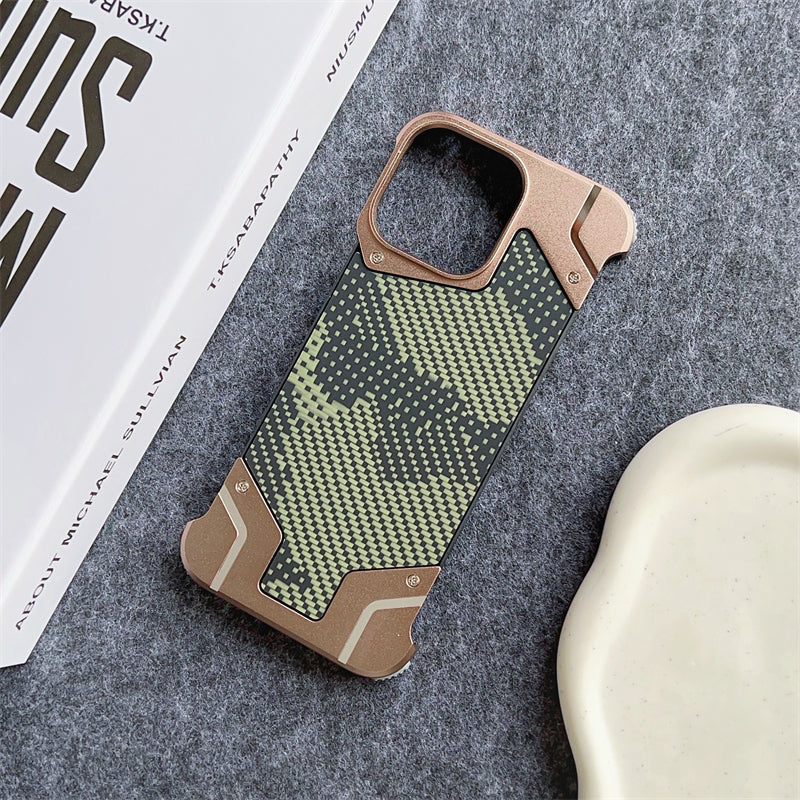 Camouflage Metal Armor Case Frameless Real Carbon Fiber Cover with Built-In Magnet for iPhone Models, Durable and Protection