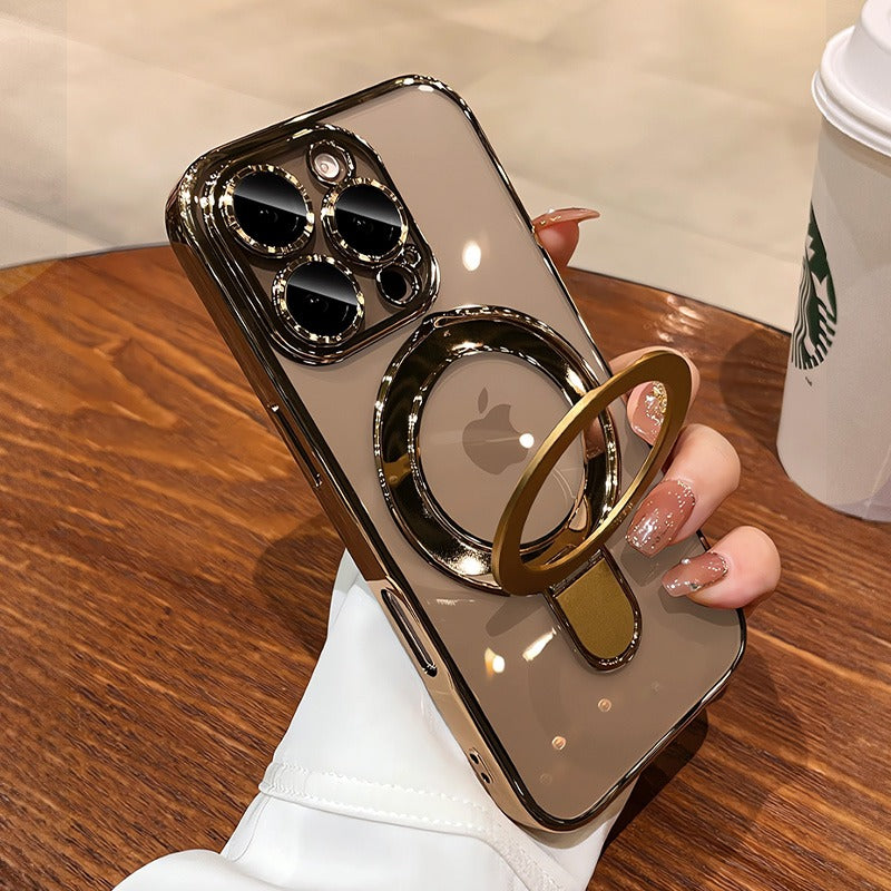 Luxury Plating MagSafe iPhone Case Transparent Acrylic Magnetic Cover with Stand Holder Shockproof PC Bumper Case for iPhone