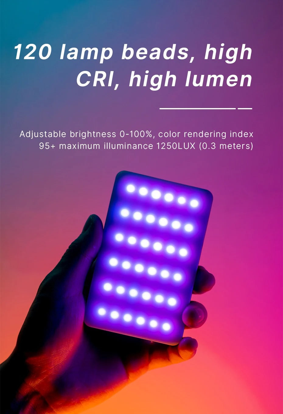 High Quality RGB LED Video Light Panel for Camera & Phone – 2500-9000K Bi-Color, CRI 95+, Diffuser, 3100mAh Battery, 360° Mount, 120 Lamp Beads