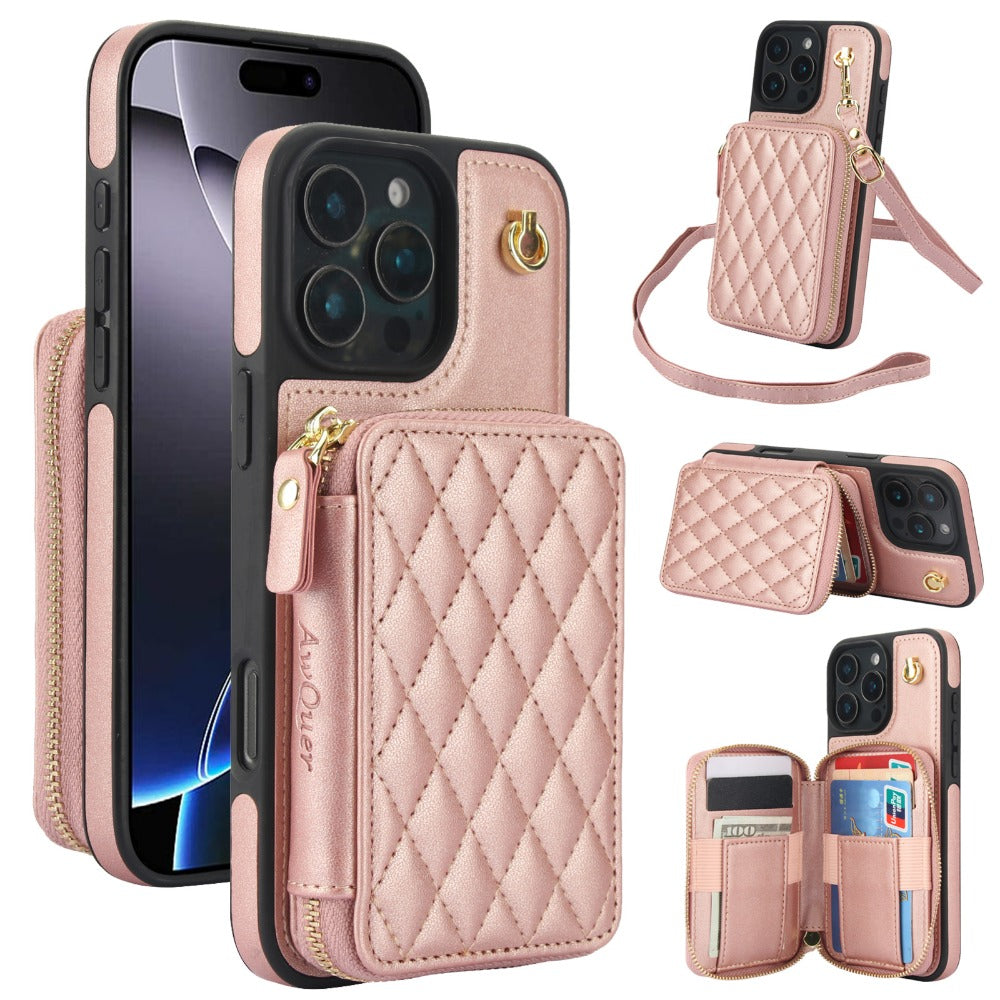 Luxury Crossbody Lanyard iPhone Case – Zipper Wallet Leather Cover with Card Holder, and Full Protection for iPhone Models
