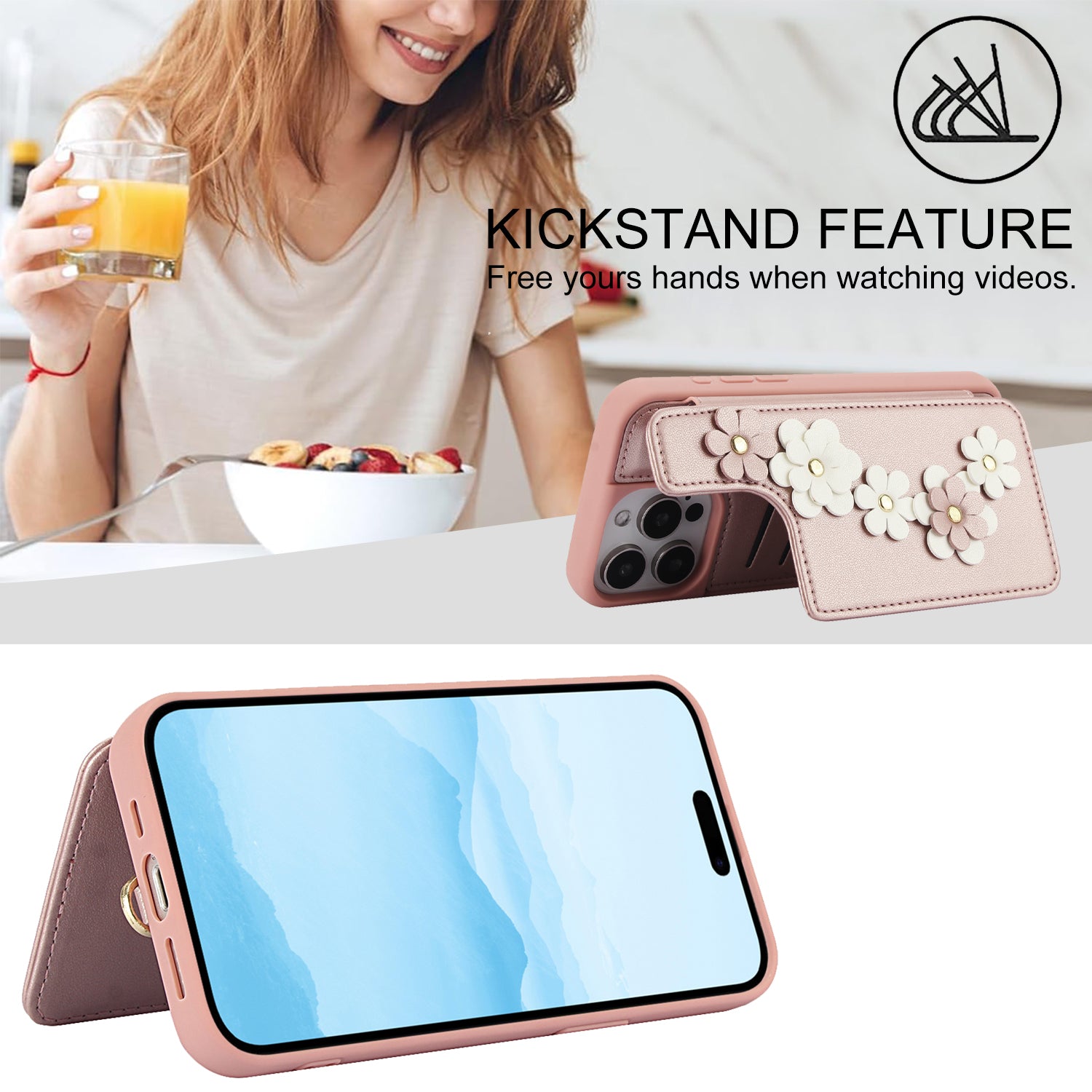 Luxury Crossbody Wallet Leather iPhone Case – 3D Flower Design, Card Slot, Wrist Strap, Magnetic Closure, Protective Cover