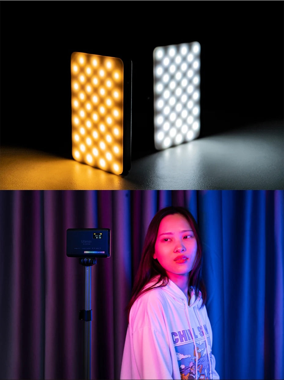 High Quality RGB LED Video Light Panel for Camera & Phone – 2500-9000K Bi-Color, CRI 95+, Diffuser, 3100mAh Battery, 360° Mount, 120 Lamp Beads