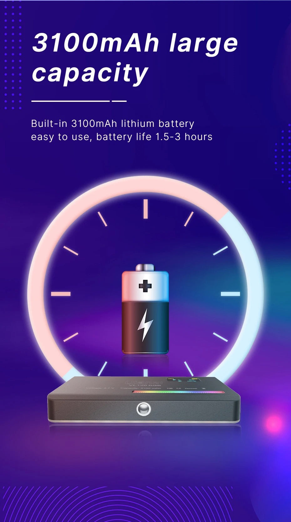 High Quality RGB LED Video Light Panel for Camera & Phone – 2500-9000K Bi-Color, CRI 95+, Diffuser, 3100mAh Battery, 360° Mount, 120 Lamp Beads