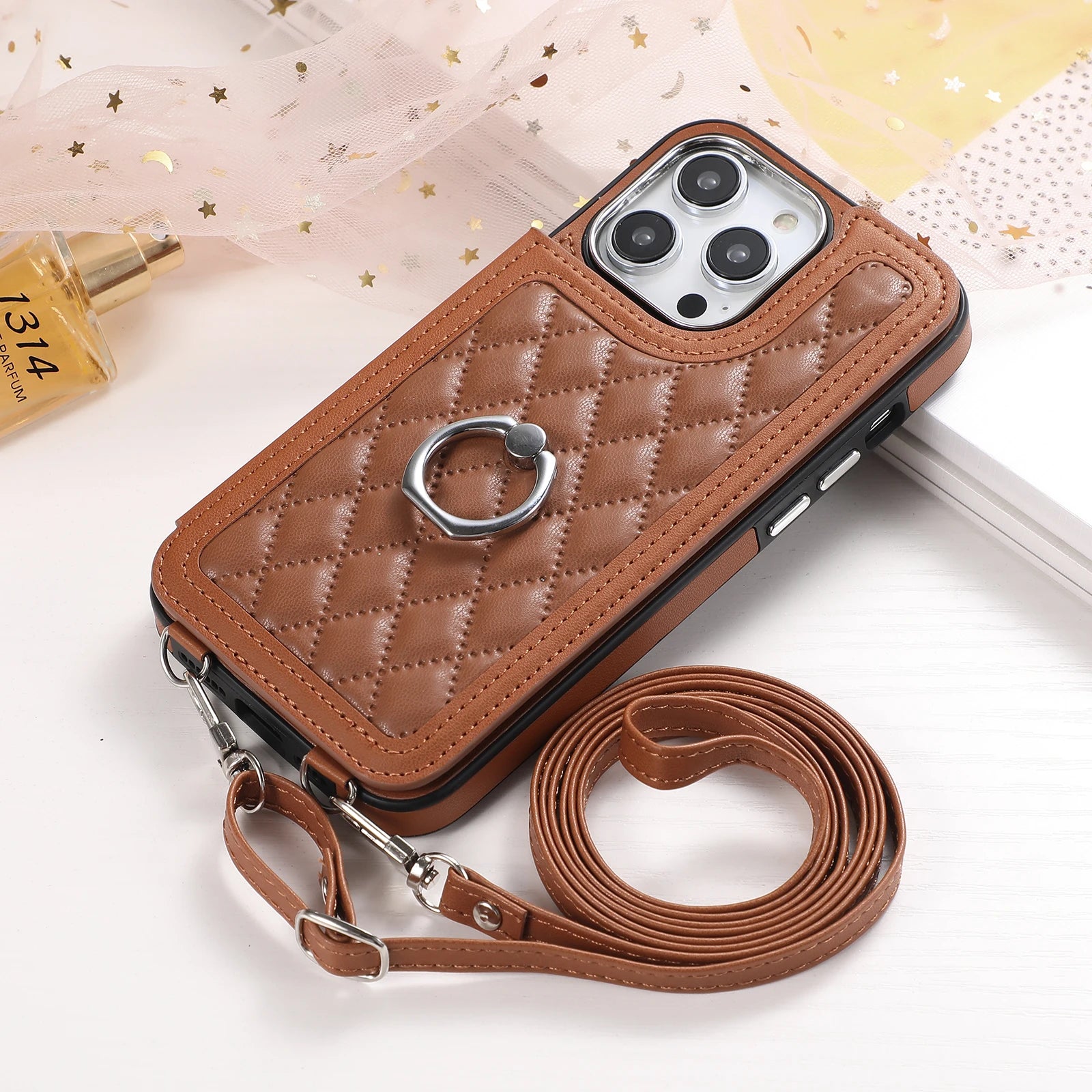 Luxury Crossbody RFID Leather Wallet iPhone Case – Card Slot, Ring Holder, Double Buckle, Lanyard Bag Cover, Magnetic Closure