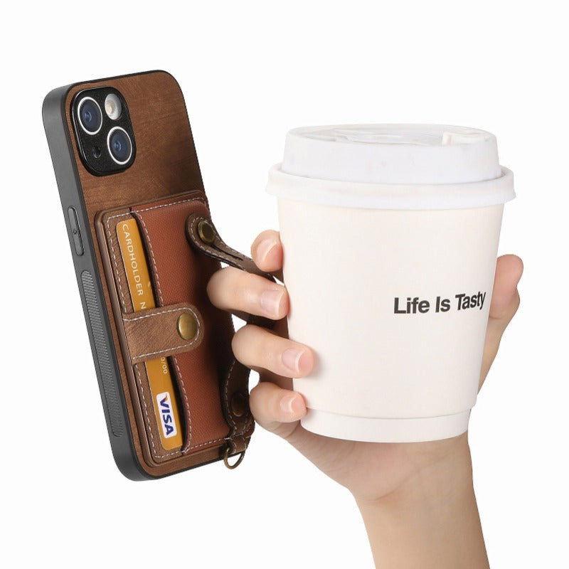 Luxury PU Leather Wallet iPhone Case with Wrist Strap – Stand Function, Card Holder, Protection for Secure and Convenience