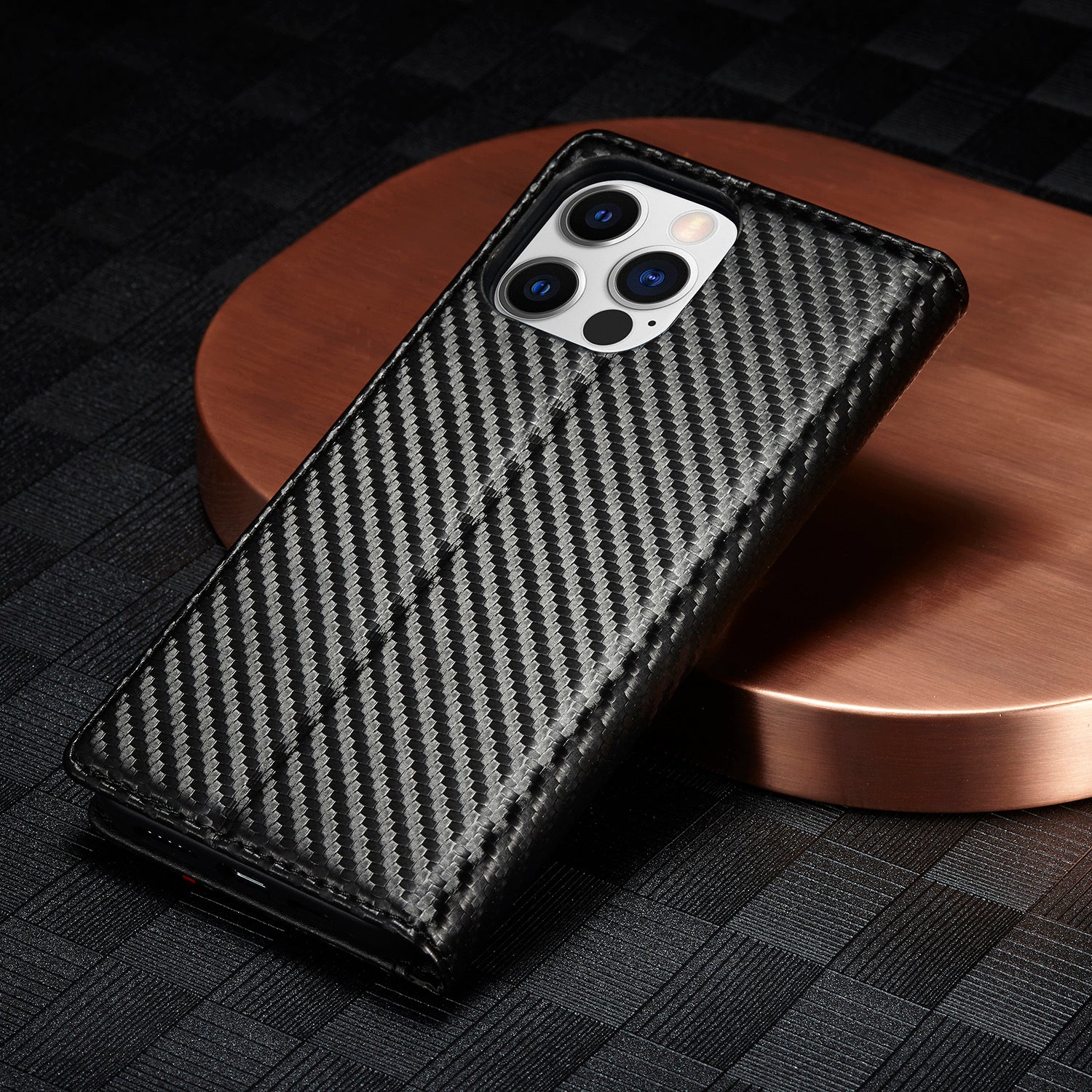 Luxury Carbon Fiber Leather Wallet iPhone Case – Magnetic Flip Cover, Card Holder, Shockproof Protection, Durable for iPhone