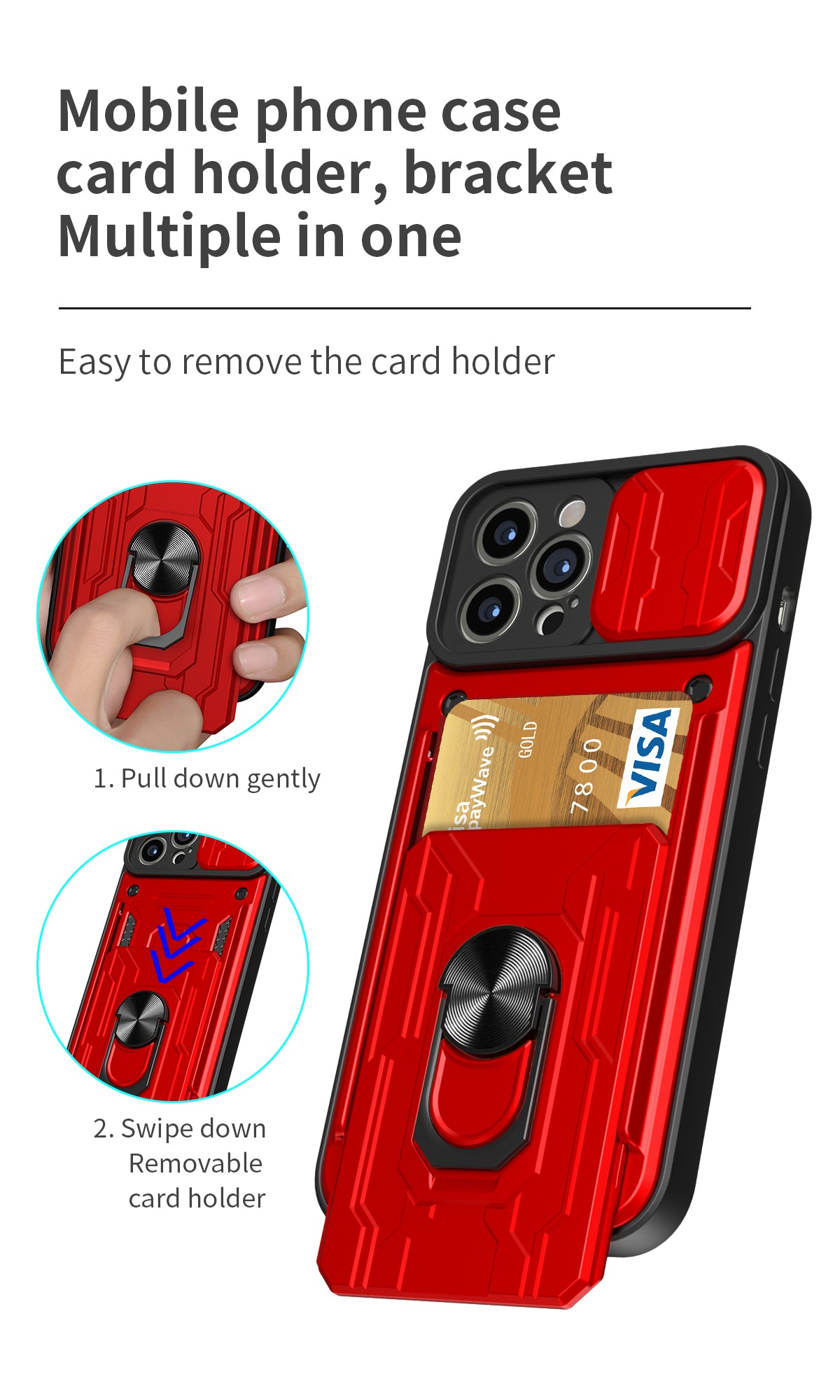 Hidden Slide Card Slot iPhone Case – Lens Protection, Magnetic Ring Stand, Shockproof Cover for iPhone Models