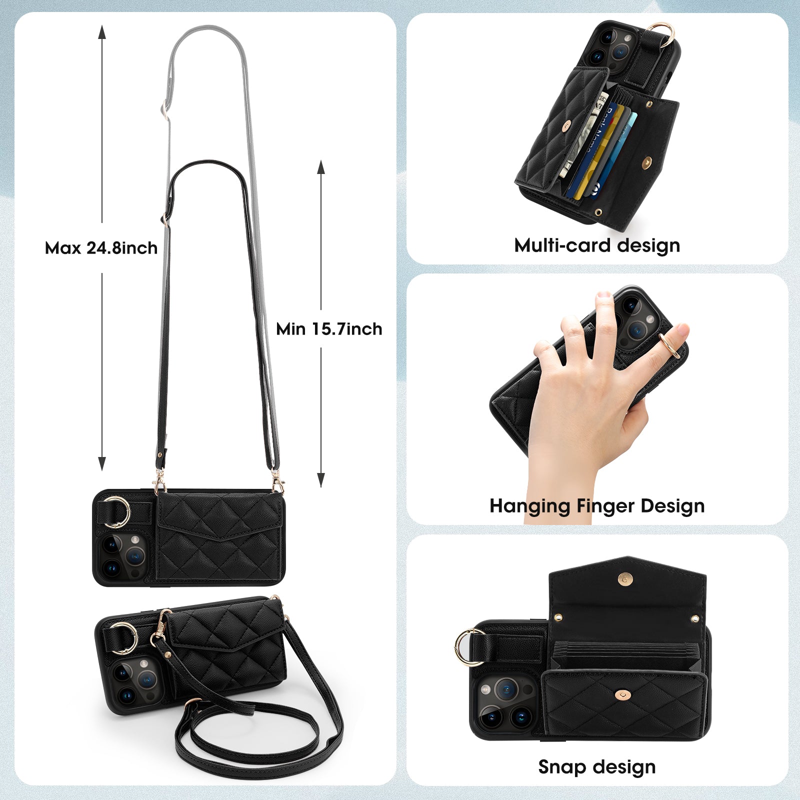 Luxury Crossbody Wallet iPhone Case – Cute Flip Leather Cover, Card Holder, Necklace Strap, Kickstand, Protection for iPhone