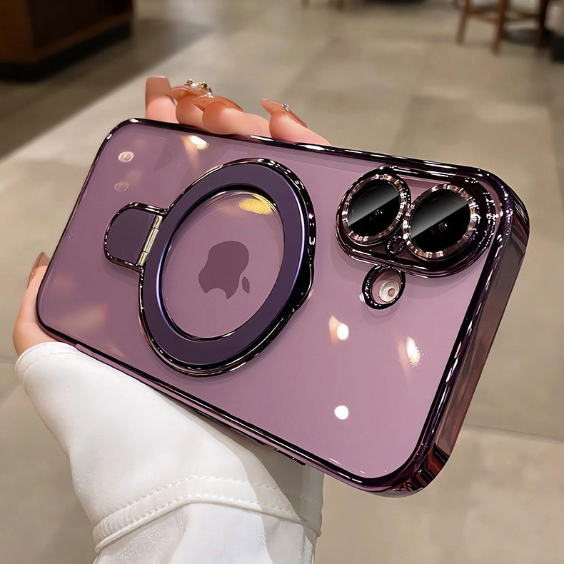 Luxury Plating MagSafe iPhone Case Transparent Acrylic Magnetic Cover with Stand Holder Shockproof PC Bumper Case for iPhone