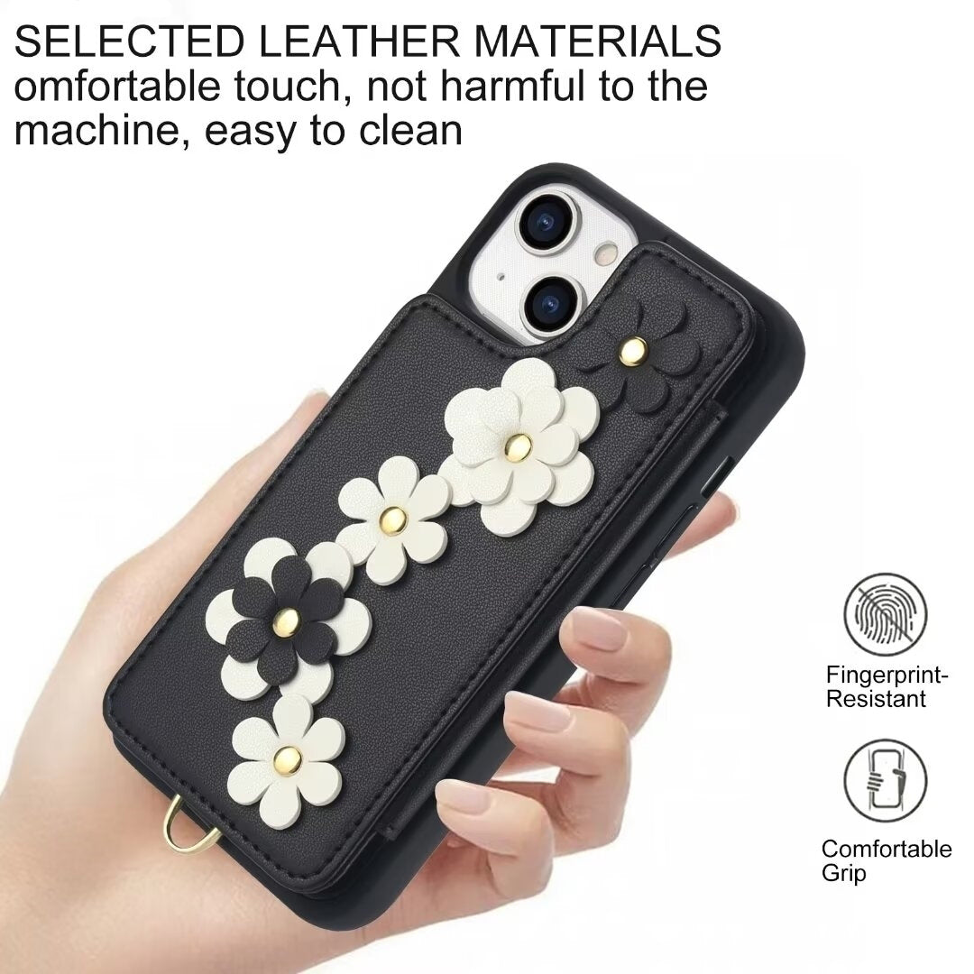 Luxury Crossbody Wallet Leather iPhone Case – 3D Flower Design, Card Slot, Wrist Strap, Magnetic Closure, Protective Cover