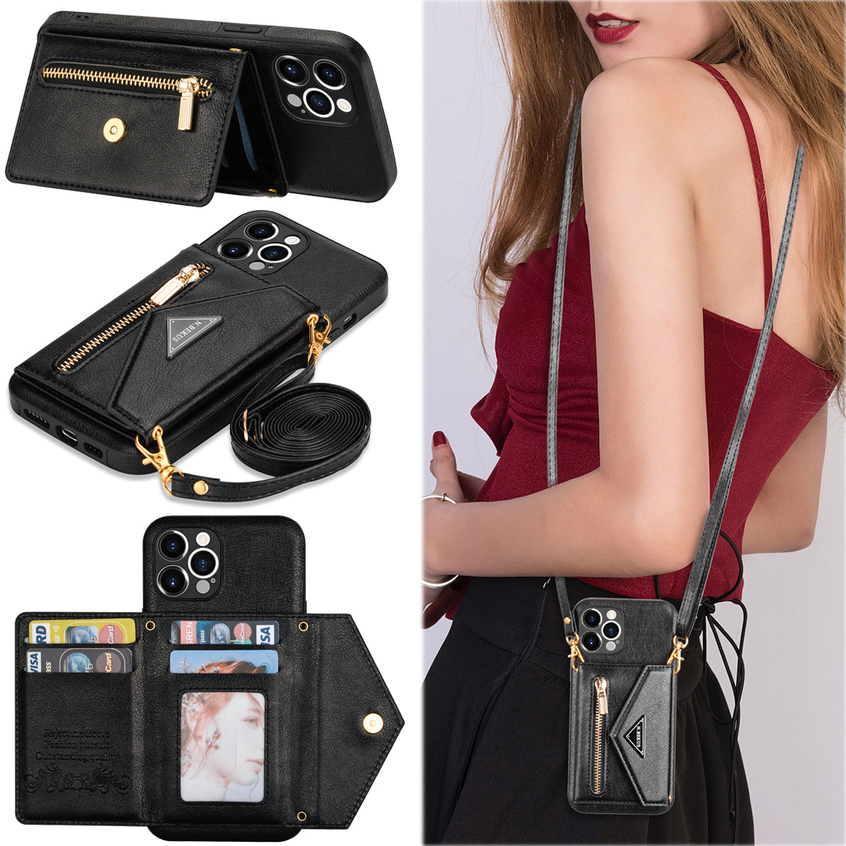 Zipper Wallet Crossbody Leather iPhone Case – Card Holder, Lanyard Strap, Secure Storage Stylish Protection for iPhone Models