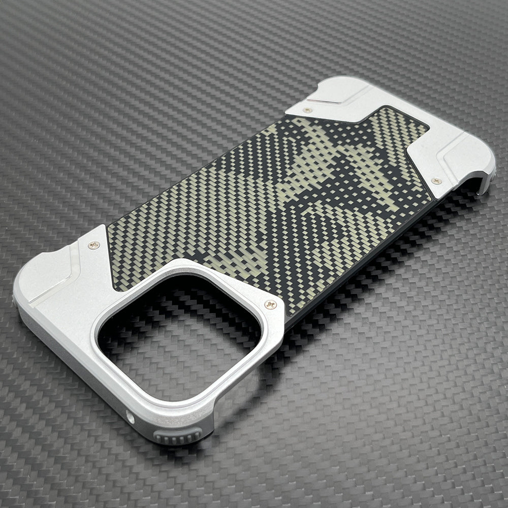 Camouflage Metal Armor Case Frameless Real Carbon Fiber Cover with Built-In Magnet for iPhone Models, Durable and Protection