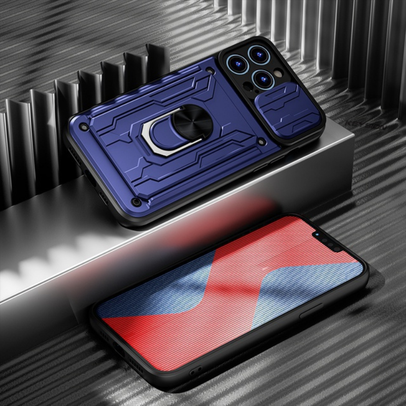 Hidden Slide Card Slot iPhone Case – Lens Protection, Magnetic Ring Stand, Shockproof Cover for iPhone Models