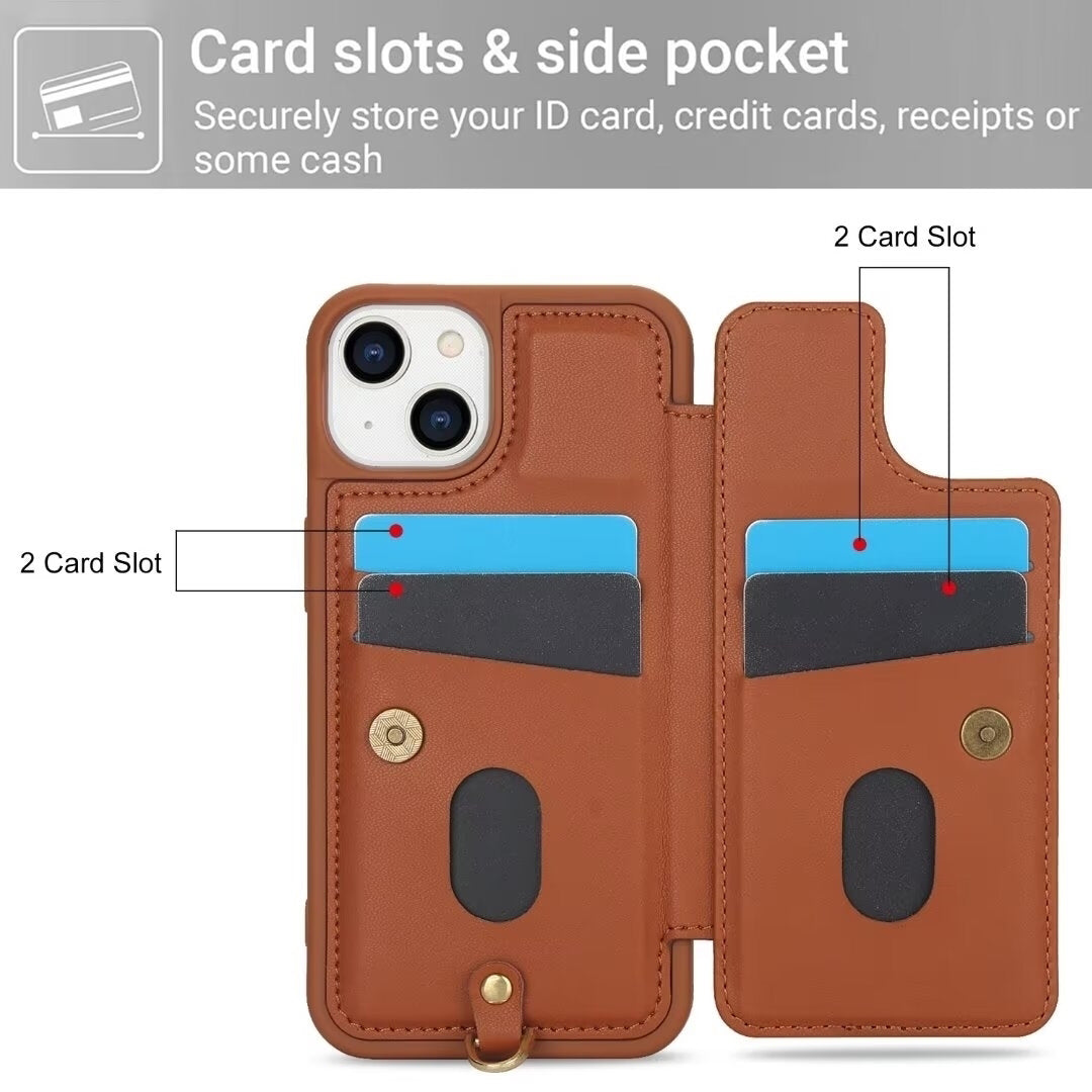 Luxury Crossbody Wallet Leather iPhone Case – 3D Flower Design, Card Slot, Wrist Strap, Magnetic Closure, Protective Cover