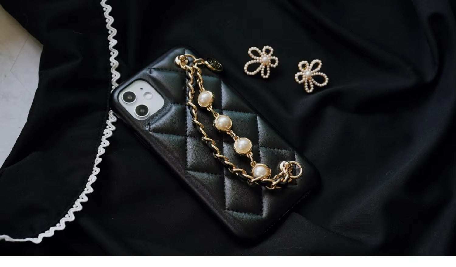 High Quality Apple iPhone Case, MagSafe Compatible, Camera Lens & Screen Protection, Ultra Thin, Shockproof, Magnetic Full All Around Cover – Lambskin Leather Handbag Case with Flower Pearl Strap & Long Metal Chain