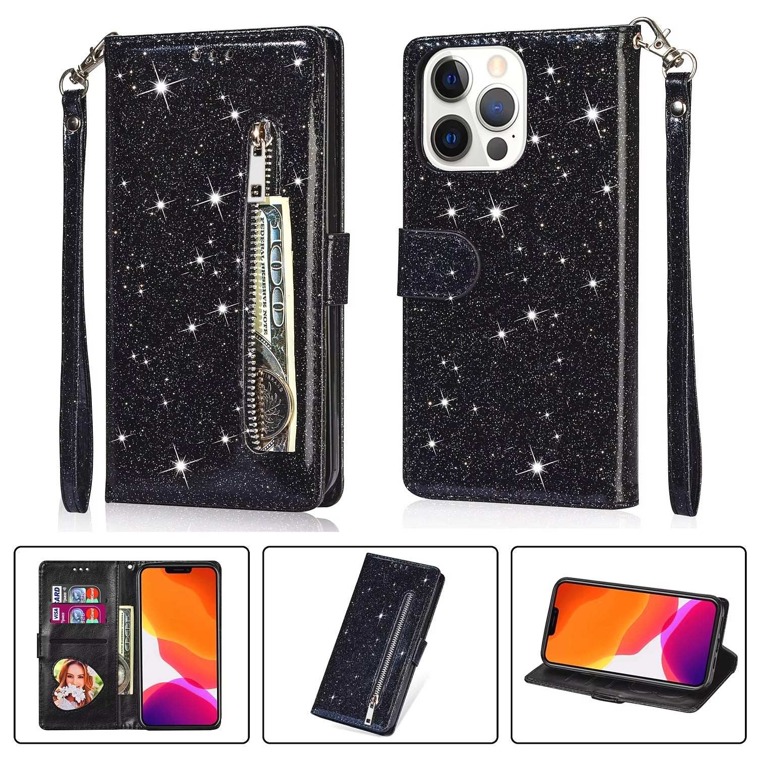 Luxury Apple iPhone Case, MagSafe Compatible, Camera Lens and Screen Protection, Ultra Thin, Shockproof, Magnetic, Full All Around Protection, Glitter Zipper Wallet Cover